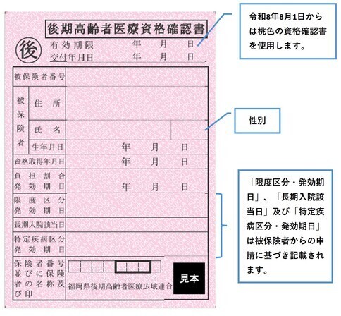 令和8年8月1日からは桃色の資格確認書を使用します。限度区分・発効期日、長期入院該当日及び特定疾病区分・発効期日は被保険者からの申請に基づき記載されます。
