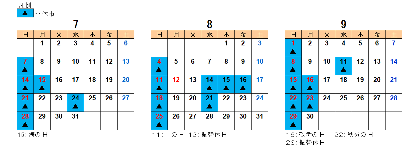 2024年7月から9月までの水産物部カレンダー