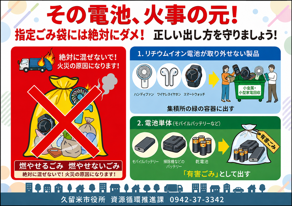 リチウムイオン電池をごみ袋に入れないでチラシ