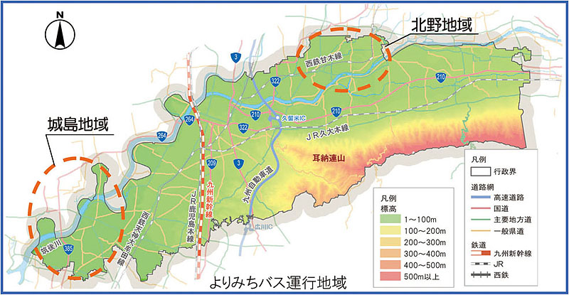 よりみちバスの運行範囲図です。城島地域（旧城島町）、北野地域（旧北野町）で運行しています。