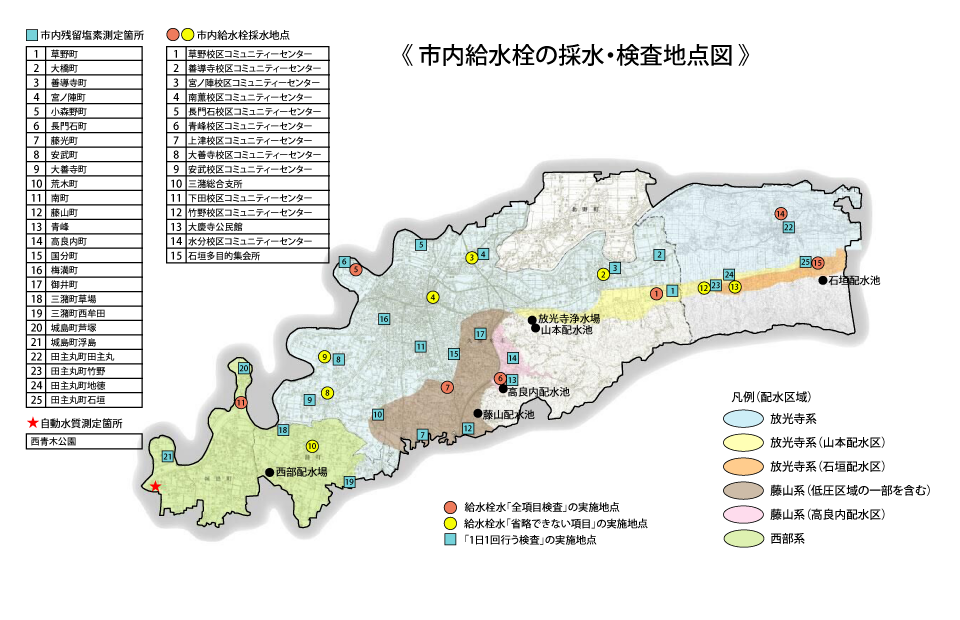 市内給水栓の採水・調査地点の図