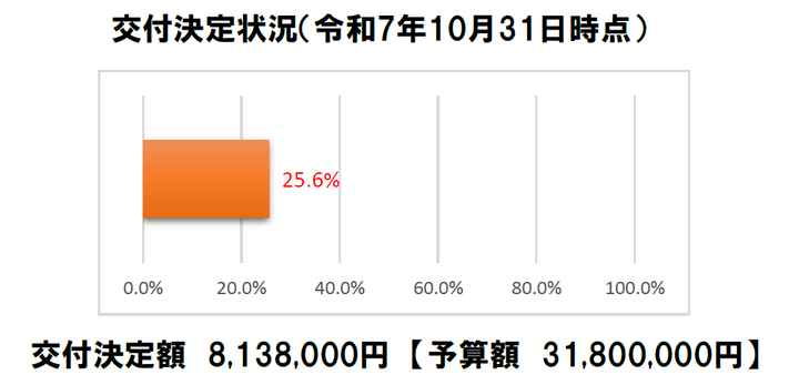 令和7年10月31日時点での交付決定状況です。交付決定額は予算額31,800,000円のうち、8,138,000円（25.6％）です。