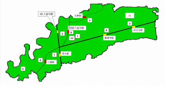 久留米市内の図書館所在地図