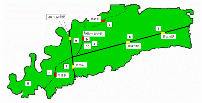 久留米市内の図書館所在地図