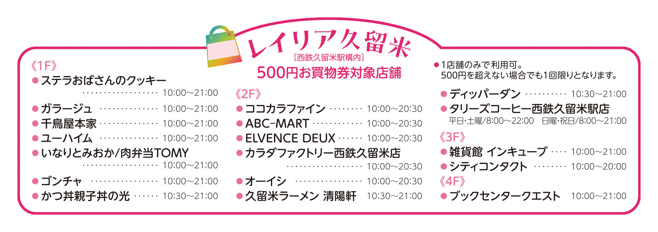 レイリア久留米500円買物券を利用できる対象店舗一覧 レイリア久留米500円買物券の対象店舗は18店舗です。店舗の紹介は、ステラおばさんのクッキー、ガラージュ、千鳥屋本家、ユーハイム、いなりとみおか/肉弁当TOMY、ゴンチャ、かつ丼親子丼の光、ココカラファイン、ABC MART、ELVENCE DEUX、カラダファクトリー西鉄久留米店、オーイシ、久留米ラーメン清陽軒、ディッパーダン、タリーズコーヒー西鉄久留米駅店、雑貨館インキューブ、シティコンタクト、ブックセンタークエストです。