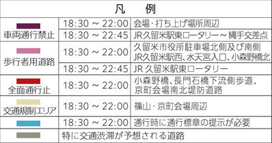 交通規制時間の説明。規制開始時間は18時半。 会場と打ち上げ場所周辺の車両規制は22時まで。 JR久留米駅東ロータリーから縄手交差点の車両規制は22時45分まで。 久留米市役所駐車場及びJR久留米駅西口と水天宮入口と小森野橋北の歩行者用通路の規制は18時半から22時まで。 JR久留米駅東ロータリーは22時45分まで。 小森野橋及び長門石橋下流側歩道と京町会場南北堤防道路は22時まで全面通行止め。 篠山会場および京町会場周辺は22時まで交通規制あり。 一部、通行時に通行標章の提示が必要なエリアがあります。